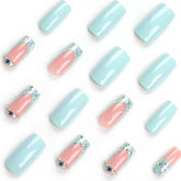 VIBEFICANT GLAZE Pastel Blue Holographic Glitter French Tip Rhinestone Medium Square Press-On Nails